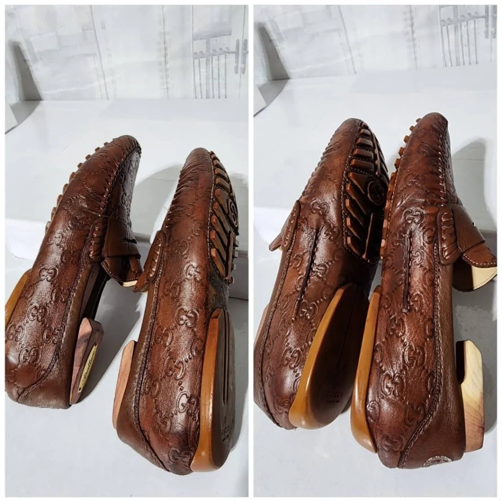 Authentic Gucci Cognac Leather Upper Geometric Loafers Brown Size 5.5 - Picture 9 of 16